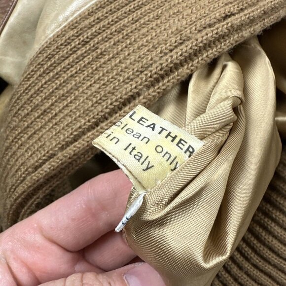 Vintage 70s Knit Sweater Mens Medium Lined Leather Pullover Jacket V Neck Italy - Picture 12 of 12